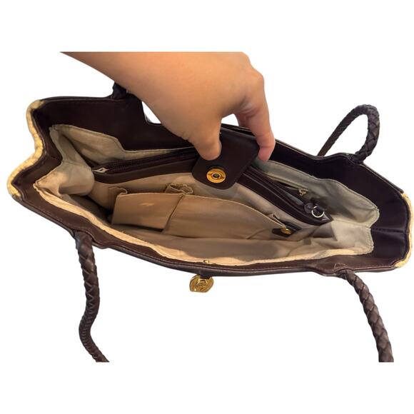 Etienne Aigner Straw Tote Bag Brown Leather Trim Shoulder Purse Preppy Coastal - Picture 7 of 12